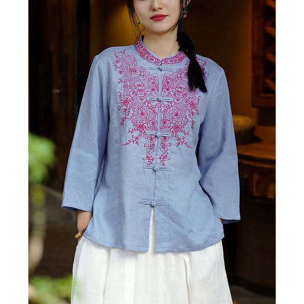 Buddha Stones Flower Embroidery Frog-button Design Shirt Top Linen Clothing
