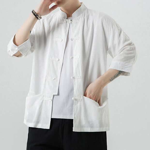 Buddha Stones Checkerboard Pattern Jacquard Half Sleeve Shirt Tang Suit Men's T-shirt Jacket With Pockets