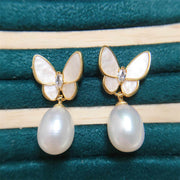 Buddha Stones 925 Sterling Silver Posts 18K Gold Plated Copper Pearl Butterfly Optimism Stud Earrings 1
