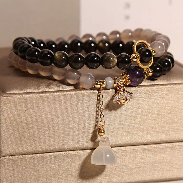 Buddha Stones Gold Sheen Obsidian Gray Agate Lotus Charm Strengthen Do ...