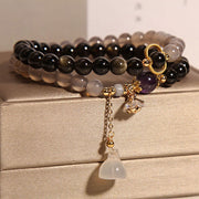 Buddha Stones Gold Sheen Obsidian Gray Agate Lotus Charm Strengthen Double Wrap Bracelet