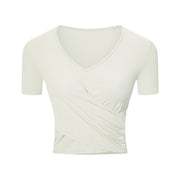 Buddha Stones V-Neck Ribbed T-shirt Cross Pleated Sports Yoga Top T-shirt BS 22