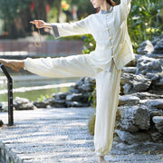 Buddha Stones 2Pcs Frog-Button Long Sleeve Shirt Top Pants Meditation Zen Tai Chi Cotton Linen Clothing Women's Set Women's Meditation Cloth BS 3