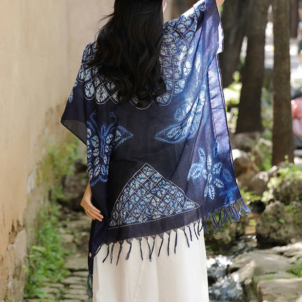 Buddha Stones Blue Butterfly Batik Shawl Tassels Cozy Travel Pullover 90*95cm 9