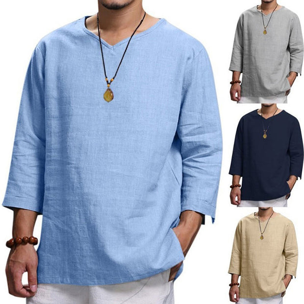 Buddha Stones Solid Color Three Quarter Sleeve Men's T-shirt