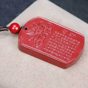 Buddha Stones Cinnabar Lotus Heart Sutra Engraved Blessing Rope Necklace Pendant