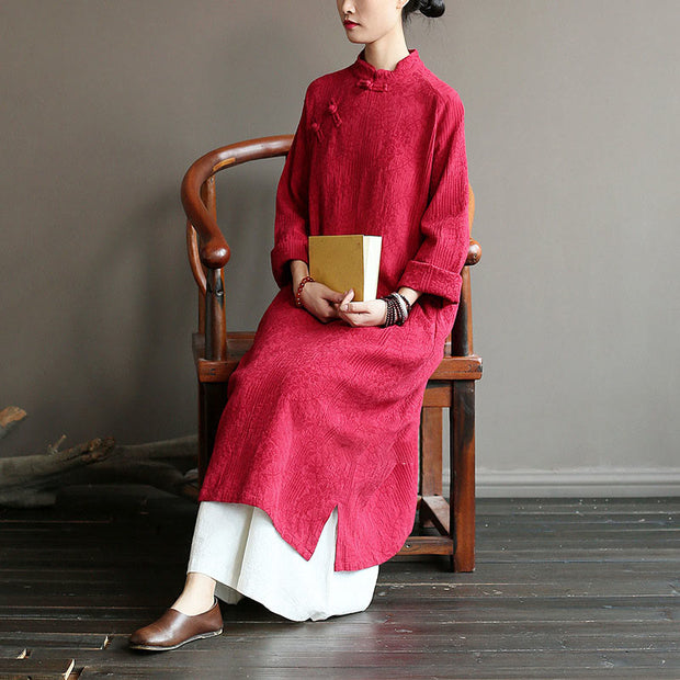Buddha Stones Flower Jacquard Midi Dress Long Sleeve Cotton Linen Dress Wide Leg Pants With Pockets