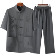 Buddha Stones Tang Suit Hanfu Chinese Dragon Traditional Kung Fu Uniform Short Sleeve Tops and Pants Clothing Men's Set