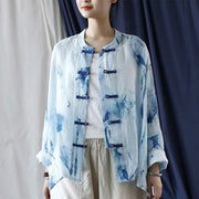 Buddha Stones Tie Dye Blue Flowers Frog-Button Design Long Sleeve Ramie Linen Jacket Shirt  6