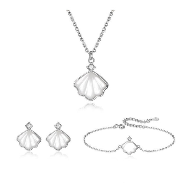 Buddha Stones 925 Sterling Silver Tridacna Stone Shell Blessing Necklace Pendant Bracelet Earrings Jewelry Set Bracelet Necklaces & Pendants BS Silver 3Pcs(Necklace Bracelet&Earrings)