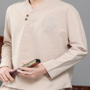 Buddha Stones 2Pcs Men's Long Sleeve Vine Embroidery Shirt Top Pants Meditation Zen Cotton Clothing Set