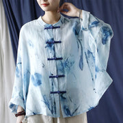 Buddha Stones Tie Dye Blue Flowers Frog-Button Design Long Sleeve Ramie Linen Jacket Shirt 8