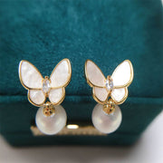 Buddha Stones 925 Sterling Silver Posts 18K Gold Plated Copper Pearl Butterfly Optimism Stud Earrings 5