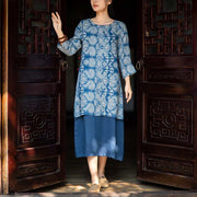Buddha Stones Blue White Flower Pattern Midi Dress Linen Three Quarter Sleeve Dress With Pockets