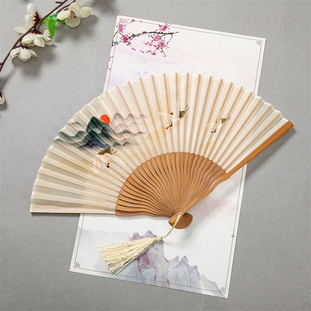 Buddha Stones Flying White Crane Sun Cloud Handheld Silk Bamboo Folding Fan 22cm 3