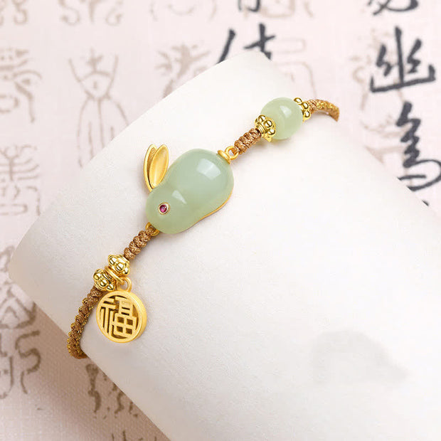 Buddha Stones Year of the Rabbit Hetian Jade Happiness Blessing Wealth String Bracelet