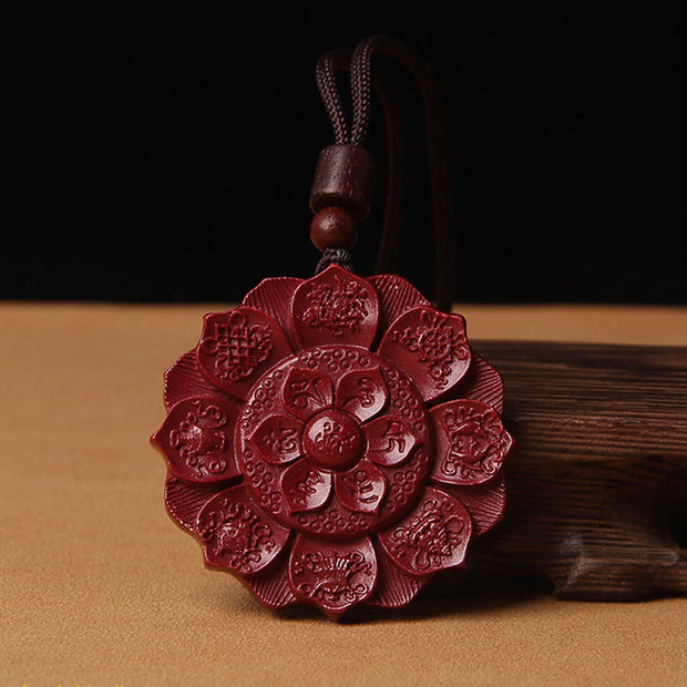 Buddha Stones Natural Cinnabar Lotus Om Mani Padme Hum Blessing Necklace String Pendant Necklaces & Pendants BS Lotus Shape Cinnabar