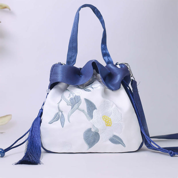 Buddha Stones Suzhou Embroidery Camellia Magnolia Peony Lotus Silk Tote Crossbody Bag Shoulder Bag Handbag Crossbody Bag BS Navy Blue Camellia 20*20*7cm
