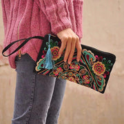 Buddha Stones Dragon Butterfly Cosmos Flower Embroidery Wallet Shopping Purse Purse BS Cosmos Flower 14*25cm