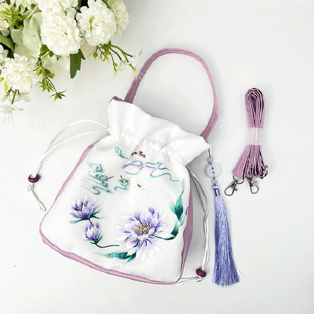 Buddha Stones Suzhou Embroidery Rabbit Lotus Epiphyllum Peony Magnolia Silk Tote Crossbody Bag Shoulder Bag Handbag 36