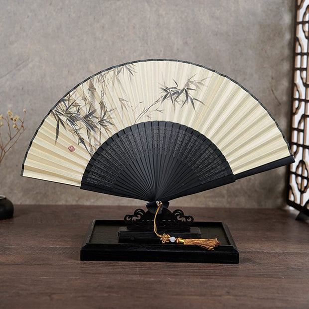Buddha Stones Ancient Flowers Bamboo Handheld Silk Bamboo Folding Fan 23cm