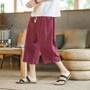 Buddha Stones Solid Color Mid-Length Wide Leg Pants Cotton Men's Wide Leg Pants With Pockets