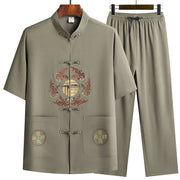 Buddha Stones Fu Character Tang Suit Hanfu Traditional Uniform Short Sleeve Top Pants Clothing Men's Set