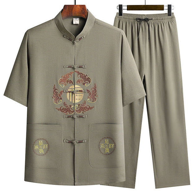 Buddha Stones Fu Character Tang Suit Hanfu Traditional Uniform Short Sleeve Top Pants Clothing Men's Set Men's Meditation Cloth BS Army Green(Top&Pants) 3XL(Bust 124cm/Waist 71-112cm/Pants Length 102cm)