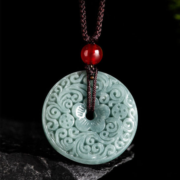 Buddha Stones Green Jade Flower Carved Peace Buckle Abundance Necklace Pendant