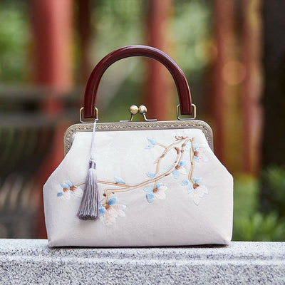 Buddha Stones Flower Embroidery Handbag Crossbody Bag Crossbody Bag&Handbags BS White 19*8*28cm