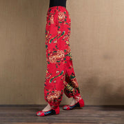 Buddha Stones Ethnic Style Red Green Flowers Print Harem Pants With Pockets Women's Harem Pants BS 18