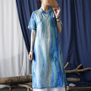 Buddha Stones Ramie Blue Digital Printing Cheongsam Dresses Short Sleeve Linen Dress 15