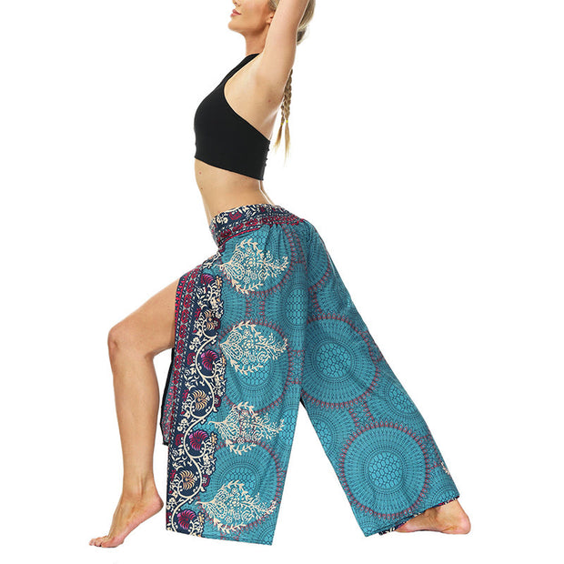 Buddha Stones Boho Flower Vine Split Thigh Wide Leg Pants Sports Fitness Dance Women's Yoga Pants