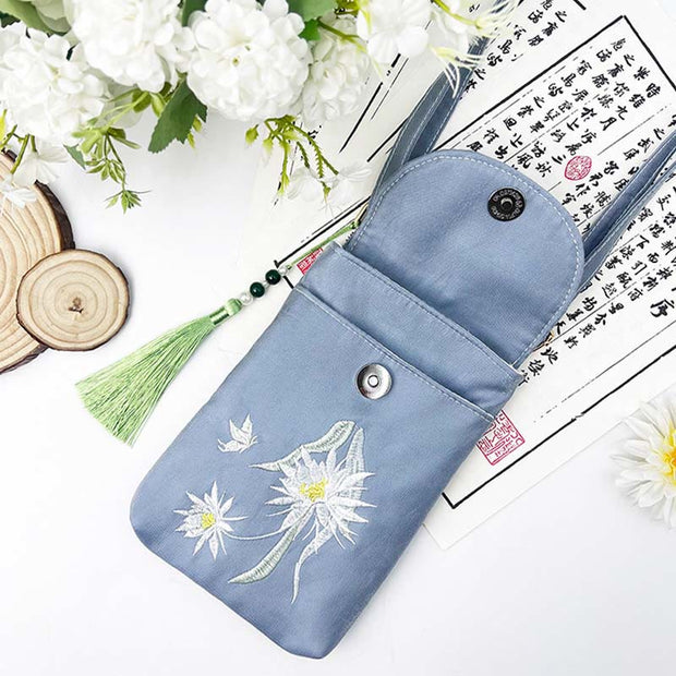 Buddha Stones Small Embroidered Flowers Crossbody Bag Shoulder Bag Double Layer Cellphone Bag Crossbody Bag BS 33