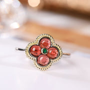 Buddha Stones 925 Sterling Silver Natural Garnet Four-leaf Clover Protection Necklace Pendant Ring