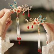 Buddha Stones Classical Chinese Style Flower Branche Butterfly Pearl Tassel Hair Clip Hair Comb Hair Crown