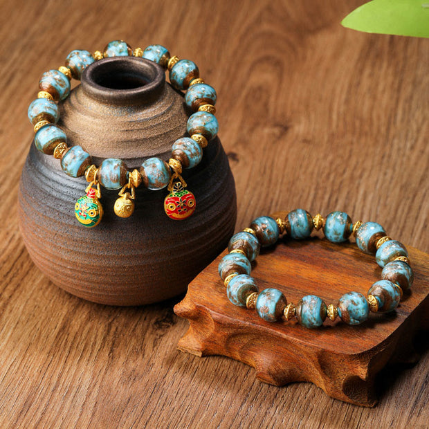 Buddha Stones Gold Swallowing Beast Family Charm Liuli Glass Bead Fortune Bracelet - image 6