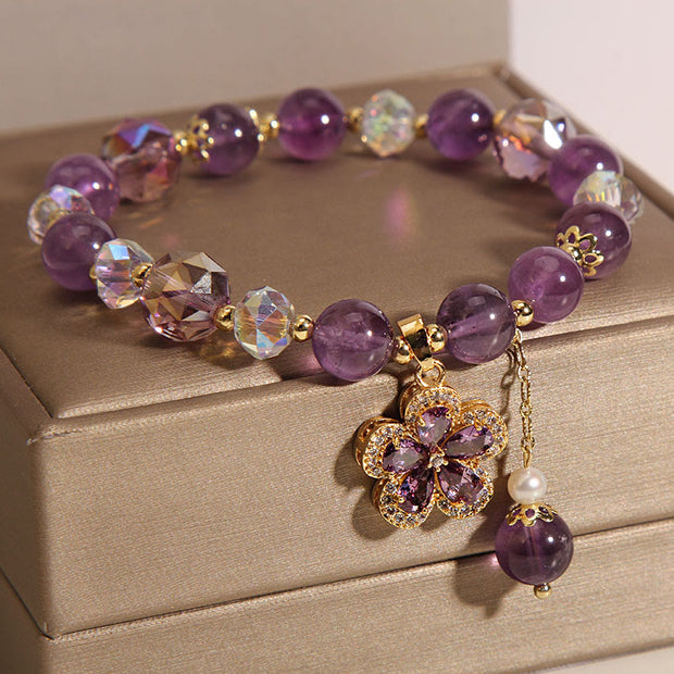 Natural Amethyst Pearl Flower Charm Positive Transformation Bracelet