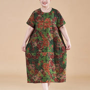 Buddha Stones Plus Size Summer Red Green Flowers Short Sleeve Midi Dress With Pockets