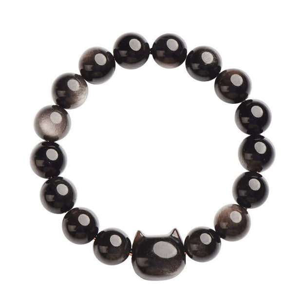 Buddha Stones Gold Sheen Obsidian Silver Sheen Obsidian Lovely Paw Lucky Cat Protection Bracelet