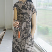 Buddha Stones Zen Garden Pavilion Tree Short Sleeve Ramie Linen Chinese Cheongsam Midi Dress With Pockets