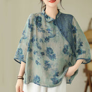 Buddha Stones Blue Jacaranda Flower Design Three Quarter Sleeve Ramie Linen Shirt Women's Shirts BS 1