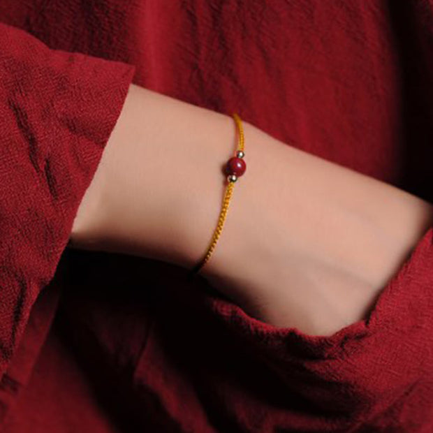 Buddha Stones 14K Gold Plated Natural Cinnabar Blessing String Braided Bracelet Bracelet BS Yellow(Wrist Circumference 14-15.5cm) One Cinnabar Bead