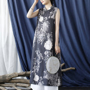 Buddha Stones Ancient Ramie Linen Flowers Printing Cheongsam Dresses Sleeveless Dress 3