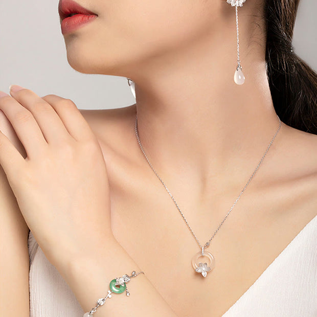 Buddha Stones Natural Chalcedony Green Jade Peace Buckle Lotus Positive Necklace Pendant Bracelet Earrings Ear Clips Set