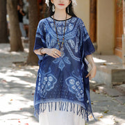 Buddha Stones Blue Butterfly Indigo Dyeing Shawl Tassels Cozy Travel Pullover 90*95cm 5