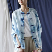 Buddha Stones Tie Dye Blue Flowers Frog-Button Design Long Sleeve Ramie Linen Jacket Shirt 16
