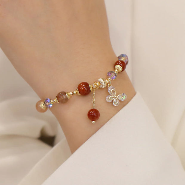 Buddha Stones Natural Fu Lu Shou Rainbow Crystal Rutilated Quartz Wealth Butterfly Charm Bracelet