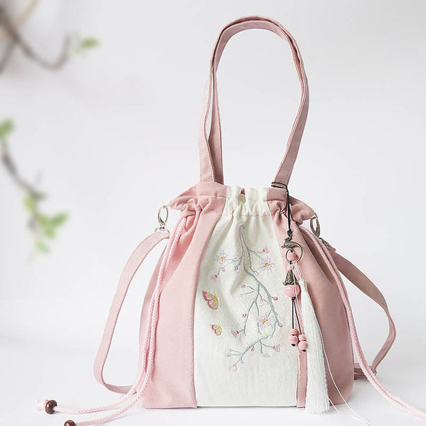 Buddha Stones Embroidered Grass Flowers Cherry Blossom Canvas Tote Crossbody Bag Shoulder Bag Handbag 12