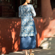 Buddha Stones Blue White Flower Pattern Midi Dress Linen Three Quarter Sleeve Dress With Pockets 3